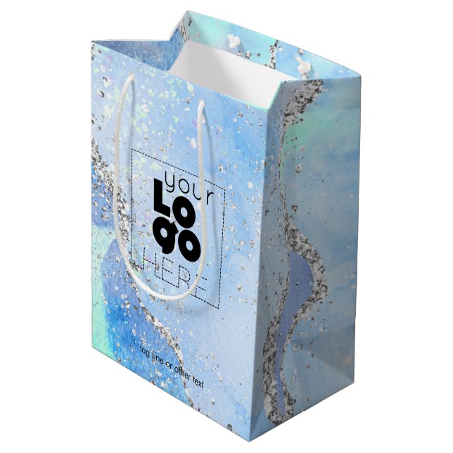 Company Logo Blue Glitter Agate Paper Small/ Medium Gift Bag (Back Angled)