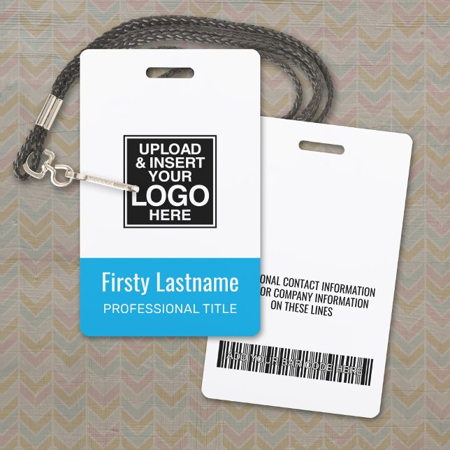Company Logo - BLUE Name Title Bar Code Custom ID Badge (Logo Name Badge with Optional Lanyard)