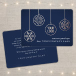 Company Logo Christmas Ornaments Navy Blue Unique Foil Holiday Card<br><div class="desc">Send simply stylish holiday wishes to clients, customers and business associates with elegant company branded real foil holiday cards. All wording on this template is simple to personalize. The Christmas ornaments and logo on the front side of this card are printed with real metallic rose gold foil on a navy...</div>
