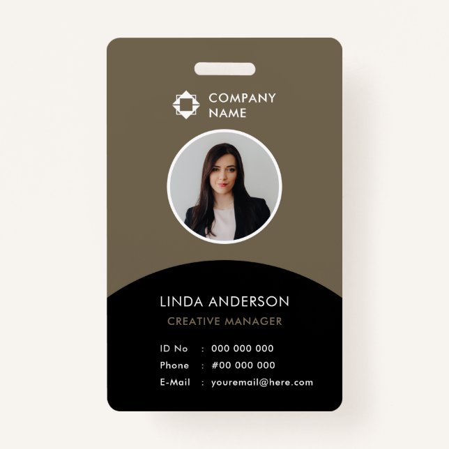 Company Logo Employee Photo ID Elegant Brown Black Badge (Front)