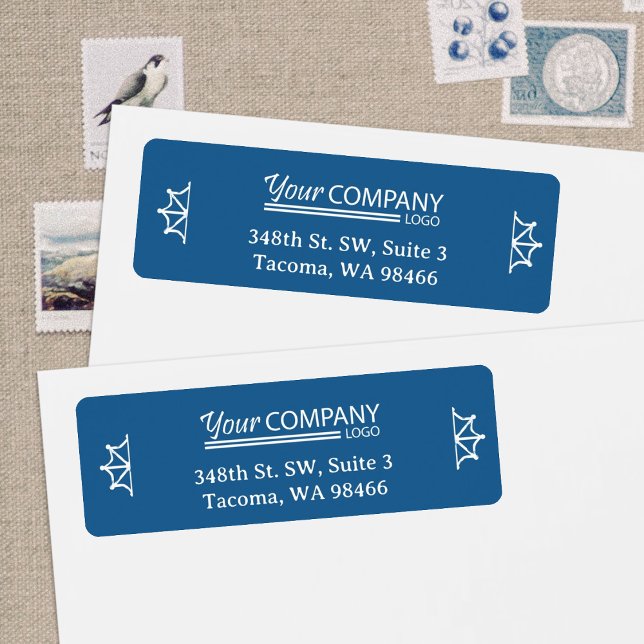 Company Logo, Holiday Burgundy Return Address (Blue, white logo Christmas return address labels for business, white winter snowflakes design)