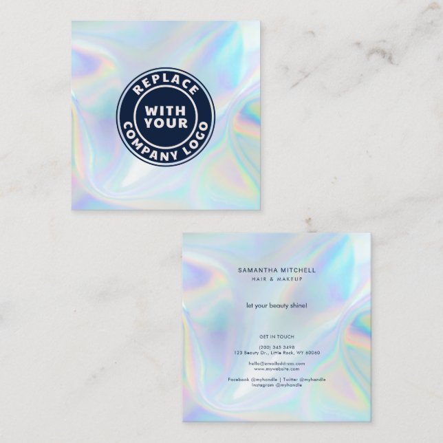 Company Logo Holographic Beautician Makeup Square Business Card (Front/Back)