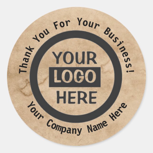 Company Logo & Information | Brown Background on  Classic Round Sticker (Front)