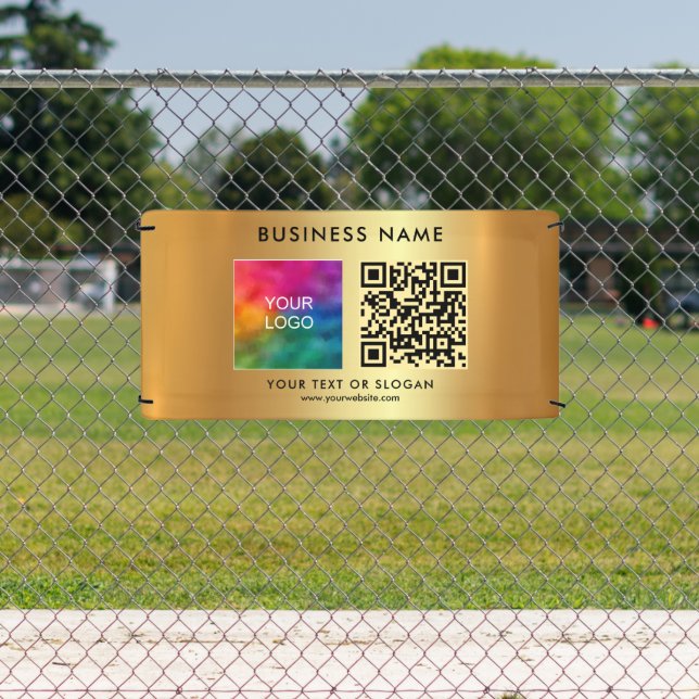 Company Logo Name QR Code Outdoor Custom Gold Banner (Insitu)
