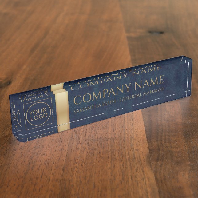 Company Logo Navy Leather  and Golden Custom Nameplate (Side)