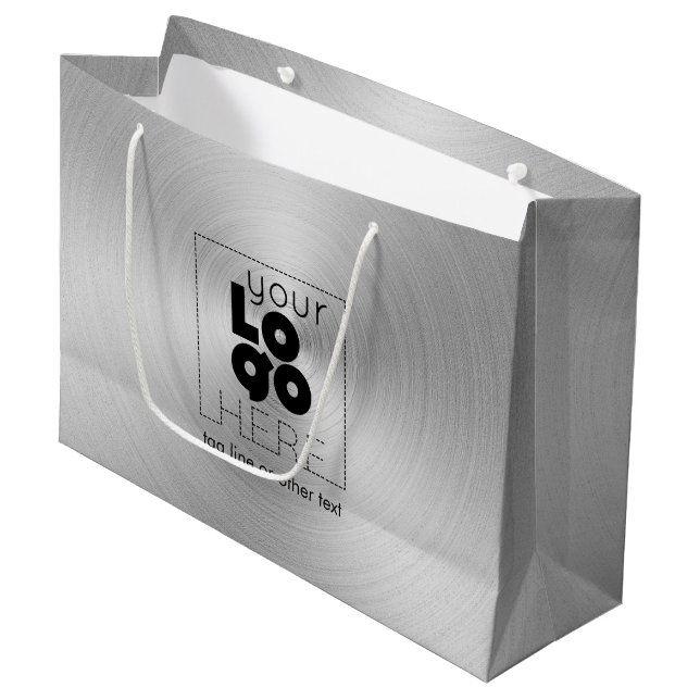Company Logo on Modern Radial Brushed Silver Metal Large Gift Bag (Front Angled)