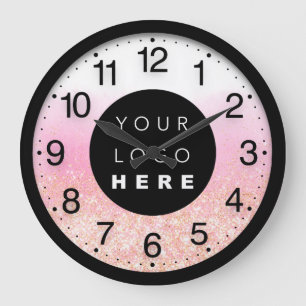 Company Minimal Pink Ombre Glitter Logo Large Clock