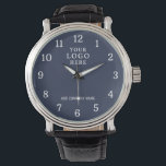 Company Name Business Logo Corporate Blue Branded Watch<br><div class="desc">A professional custom wristwatch featuring your business logo and company name on a sleek blue and white watch face. Perfect for corporate branding,  executive gifts,  employee appreciation,  or promotional giveaways. Personalize this classic timepiece to represent your brand with a stylish and professional touch.</div>