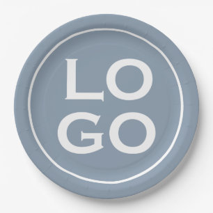 Company or Business Custom Logo on Dusty Blue Paper Plate