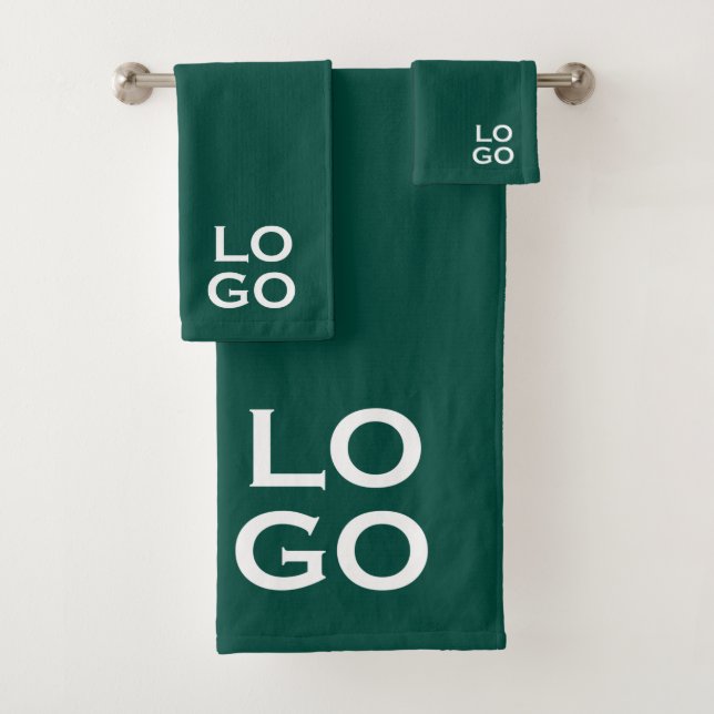 Company or Business Custom Logo on Forest Green Bath Towel Set (Insitu)
