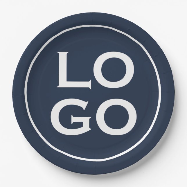 Company or Business Custom Logo on Navy Blue Paper Plate (Front)