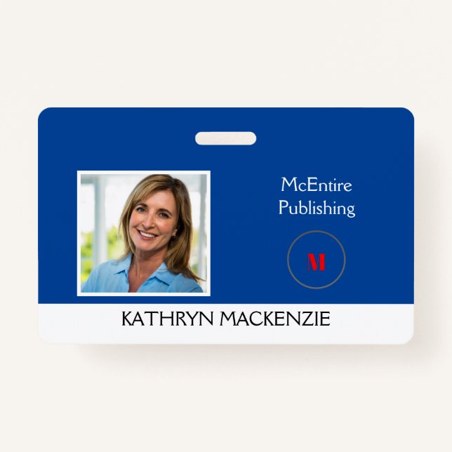 Company Photo Blue Logo Personalize Name Badge (Front)