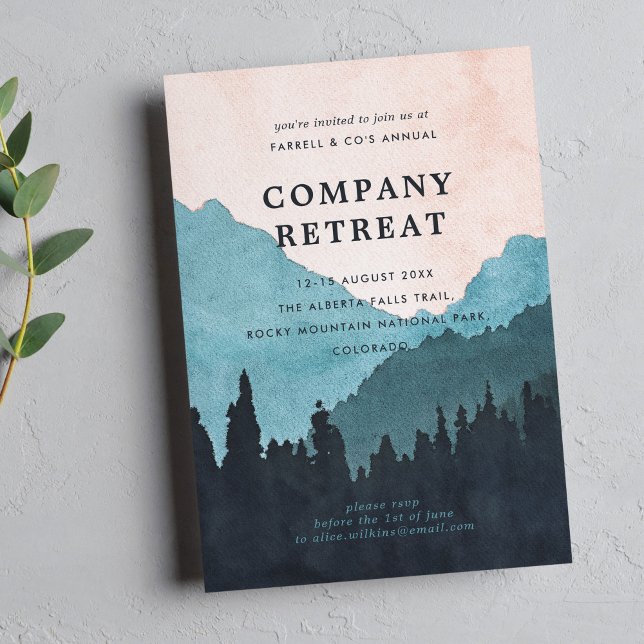 Company Team Retreat with Mountains (Teal) Invitation (company team retreat invitation template with mountain design)