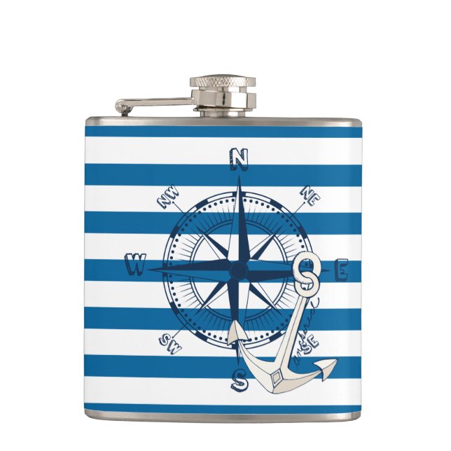 Compass and Anchor Blue and White Stripe Flask (Front)