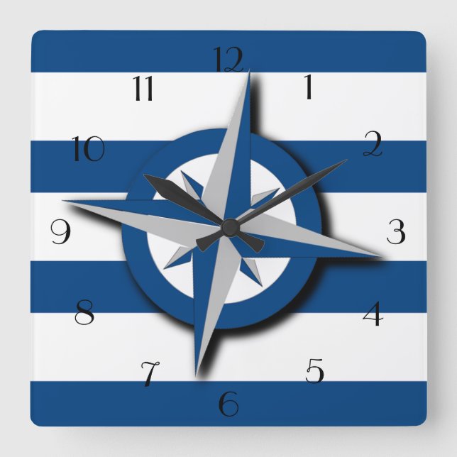 Compass and Wide Stripes Pattern Nautical Inspired Square Wall Clock (Front)