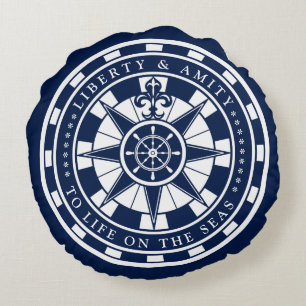 Compass, Blue and White, Nautical Round Pillow