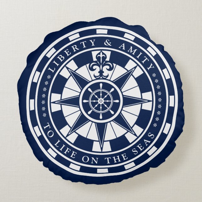 Compass, Blue and White, Nautical Round Pillow (Back)