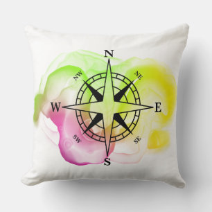 Compass Direction Travel Grad Verse Ink Colourful Throw Pillow