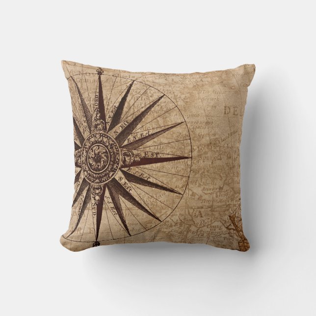 Compass Exploration Discovery Age World Map Throw Pillow (Front)