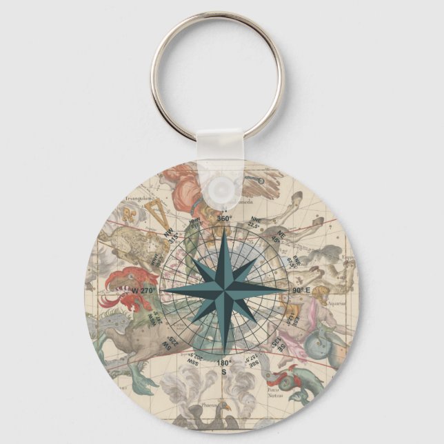 Compass on an Ancient Map Keychain (Front)