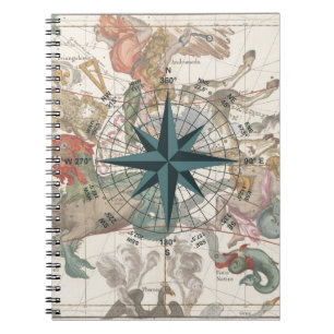 Compass on an Ancient Map Notebook