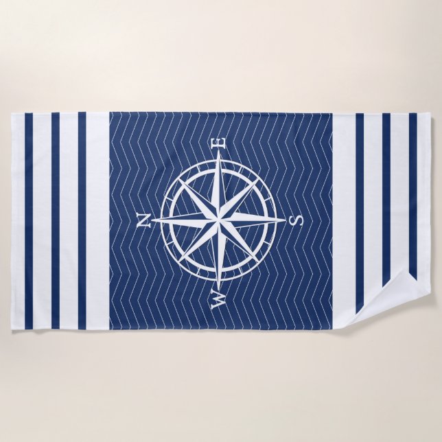 Compass on Blue with White Stripes Beach Towel (Front)