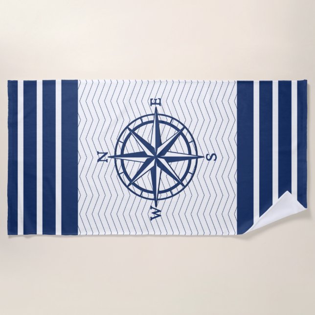 Compass on White with Blue Stripes Beach Towel (Front)