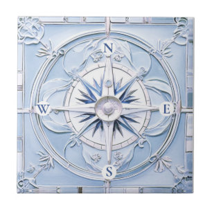 Compass Rose Art Nouveau Faux Relief Blue Nautical Tile