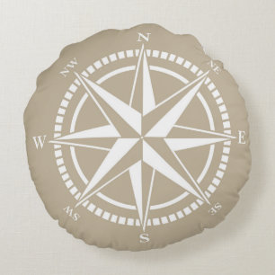 Compass Rose Beige Nautical Round Pillow