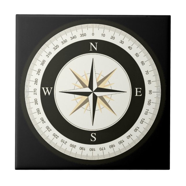 Compass Rose Black and White Nautical Tile (Front)
