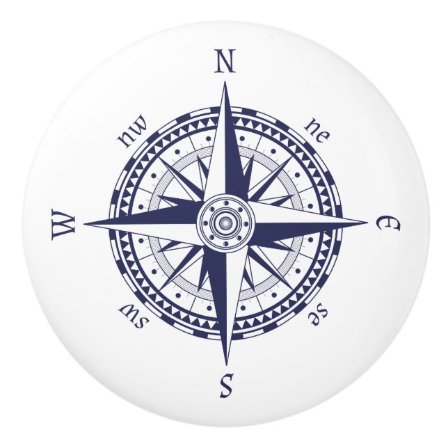 Compass Rose Blue Ceramic Knob (Front)