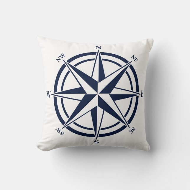 Compass Rose Blue Nautical Throw Pillow (Front)