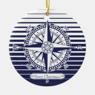 Compass Rose Blue Stripes Ceramic Ornament
