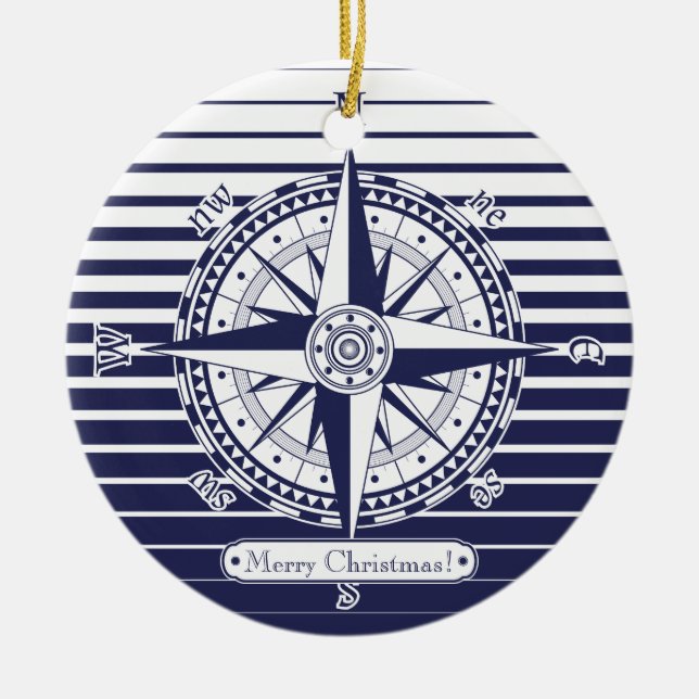 Compass Rose Blue Stripes Ceramic Ornament (Front)