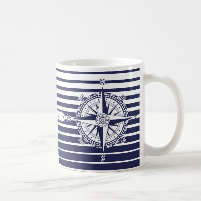 Compass Rose Blue Stripes Coffee Mug (Right)