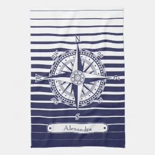Compass Rose Blue Stripes Kitchen Towel