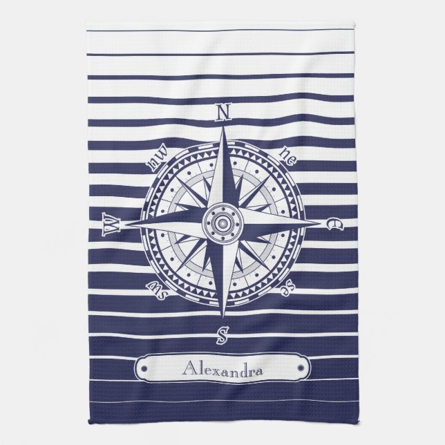 Compass Rose Blue Stripes Kitchen Towel (Vertical)
