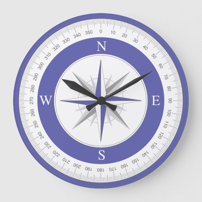 Compass Rose Blue White Nautical Large Clock (Front)