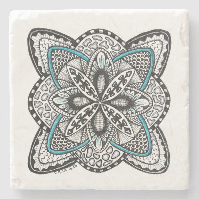 Compass Rose Hand-Drawn Doodle with Turquoise Stone Coaster (Front)