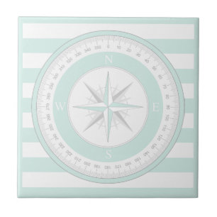 Compass Rose Mint Blue and White Stripes Tile