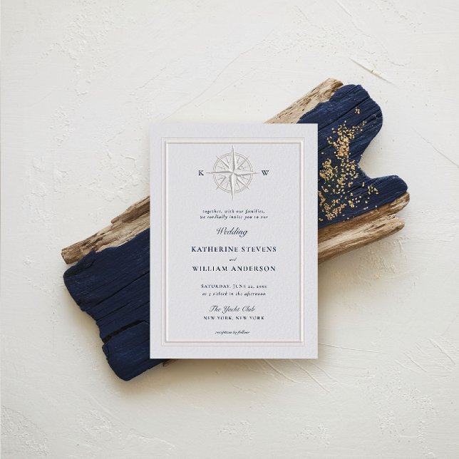 Compass Rose Nautical Boat Formal Coastal Wedding Invitation (nautical wedding invitation compass rose formal traditional modern classic beach ocean coastal ivory)