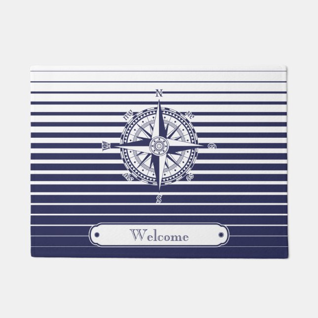 Compass Rose on Blue Stripes Doormat (Front)