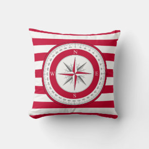 Compass Rose Red and White Stripes Throw Pillow