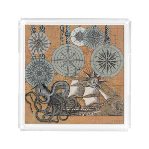 Compass Rose Vintage Nautical Octopus Acrylic Tray