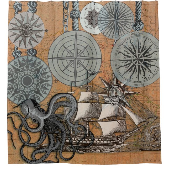 Compass Rose Vintage Nautical Octopus Ship (Front)
