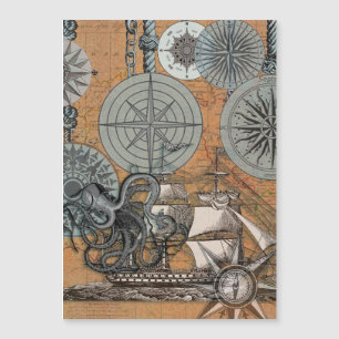 Compass Rose Vintage Nautical Octopus Ship