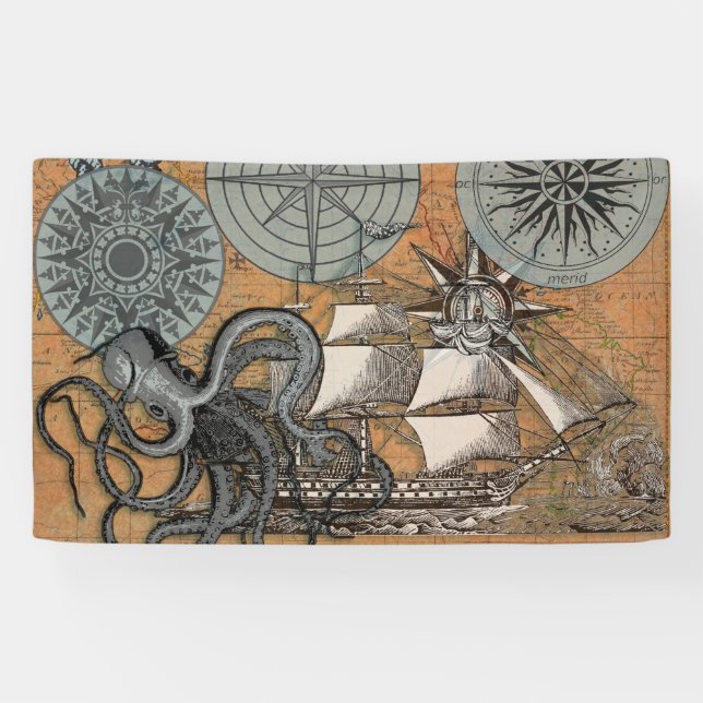 Compass Rose Vintage Nautical Octopus Ship Banner (Horizontal)