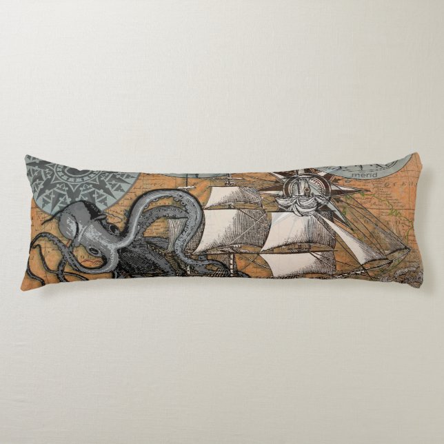 Compass Rose Vintage Nautical Octopus Ship Body Pillow (Front)