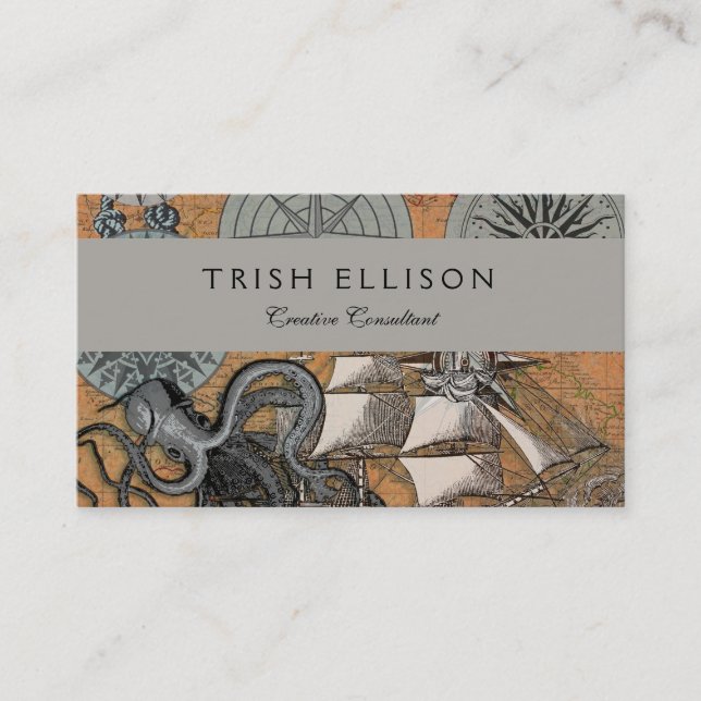Compass Rose Vintage Nautical Octopus Ship Business Card (Front)