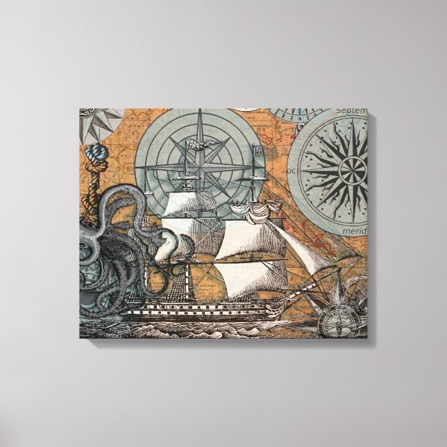 Compass Rose Vintage Nautical Octopus Ship Canvas Print (Front)